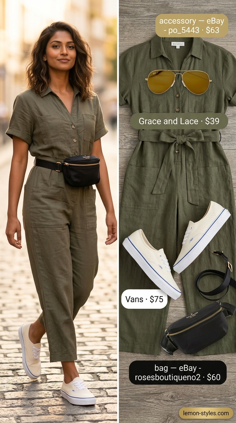 Adventure Jumpsuit Outfits for Women 2026 Easy comfy summer outfits for women 2026: Khaki utility jumpsuit, white sneakers, and black crossbody bag for travel.