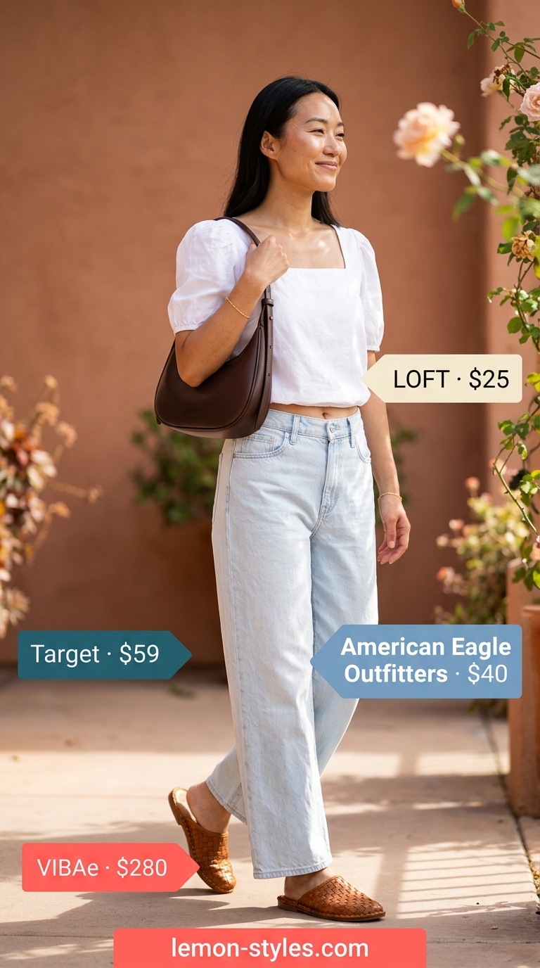 Easy Comfy Summer Outfits for Women 2026: Vintage Jeans Easy comfy summer outfits for women 2026: High-waisted jeans, puff-sleeve blouse, leather mules & crescent bag for vintage vibes.