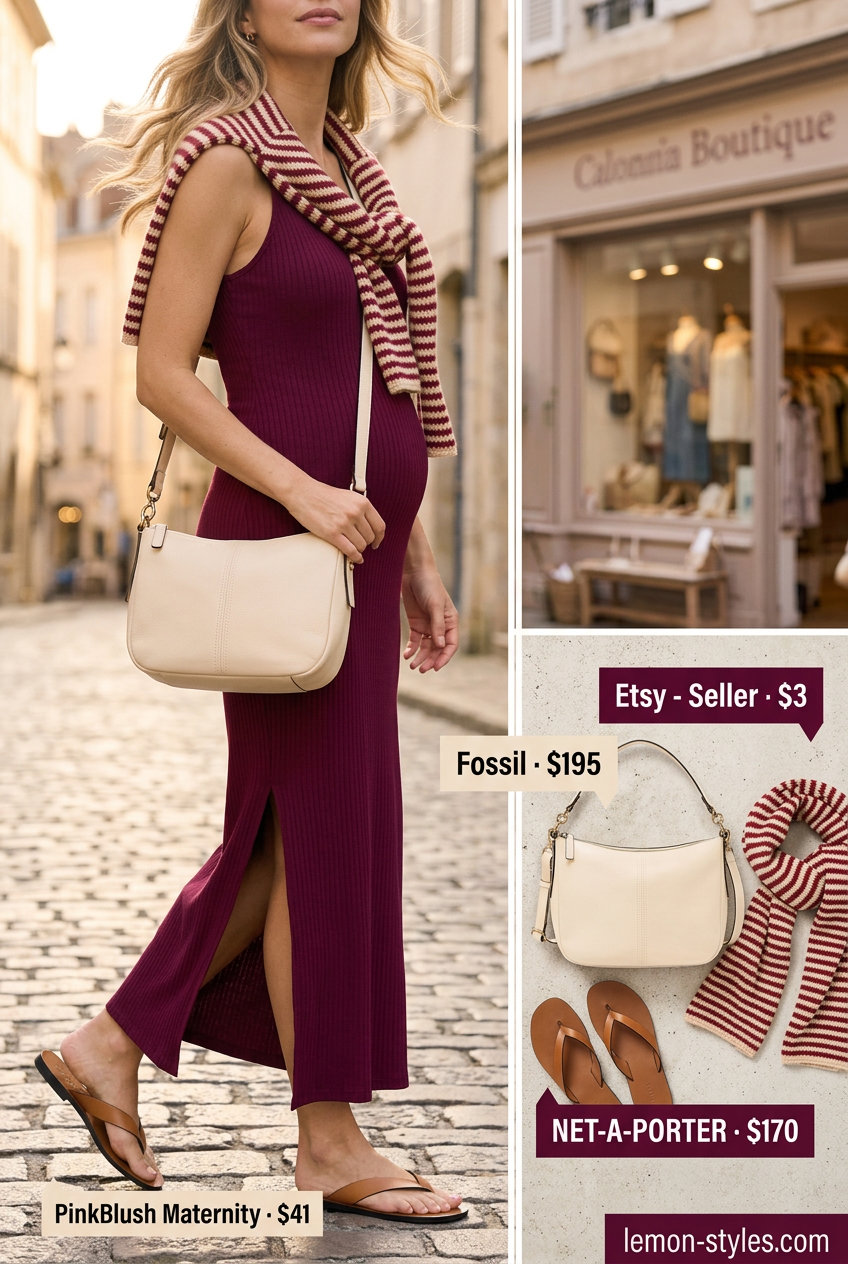 Easy summer road trip outfits for women 2026: Burgundy maxi dress, cream scarf, tan sandals, and crossbody bag for casual dinners.
