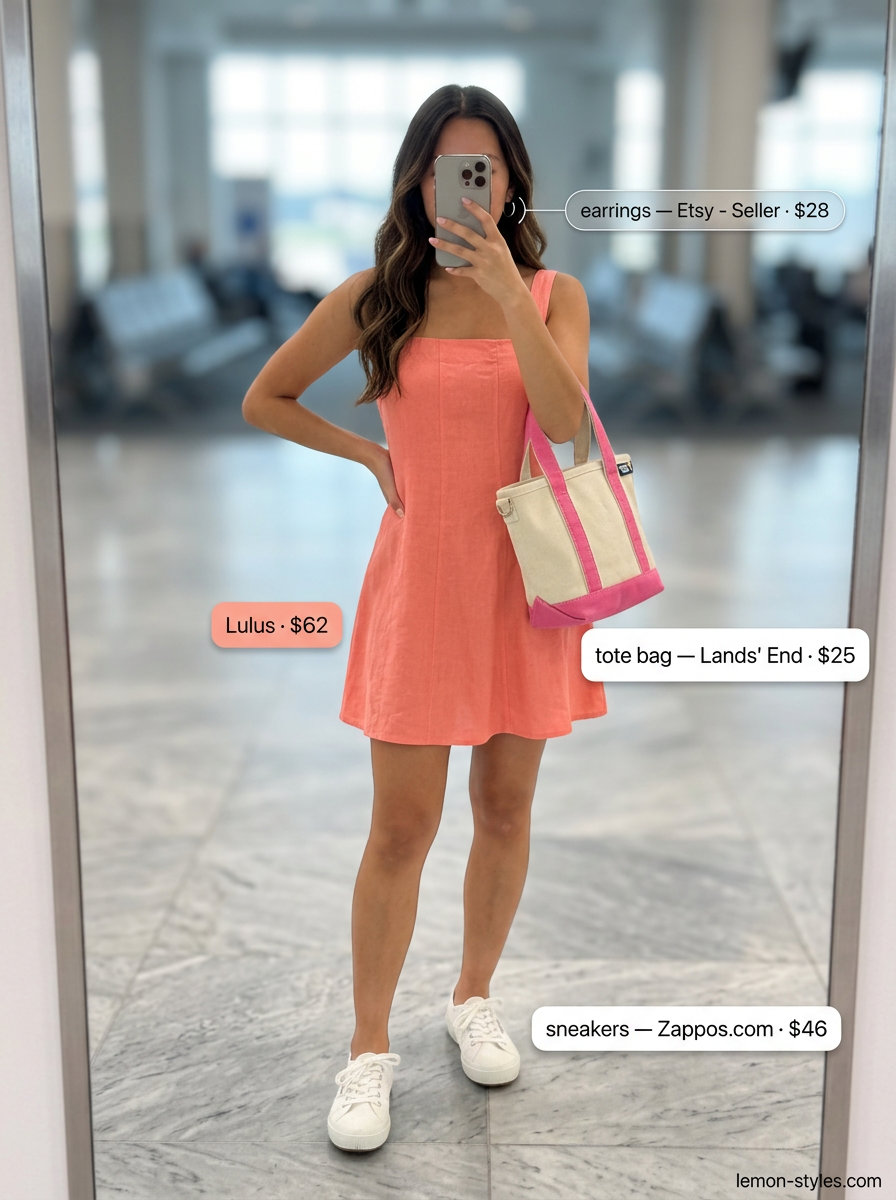 Easy summer road trip outfits for women 2026: Coral mini sundress, canvas tote, sneakers, and hoop earrings for a casual day.