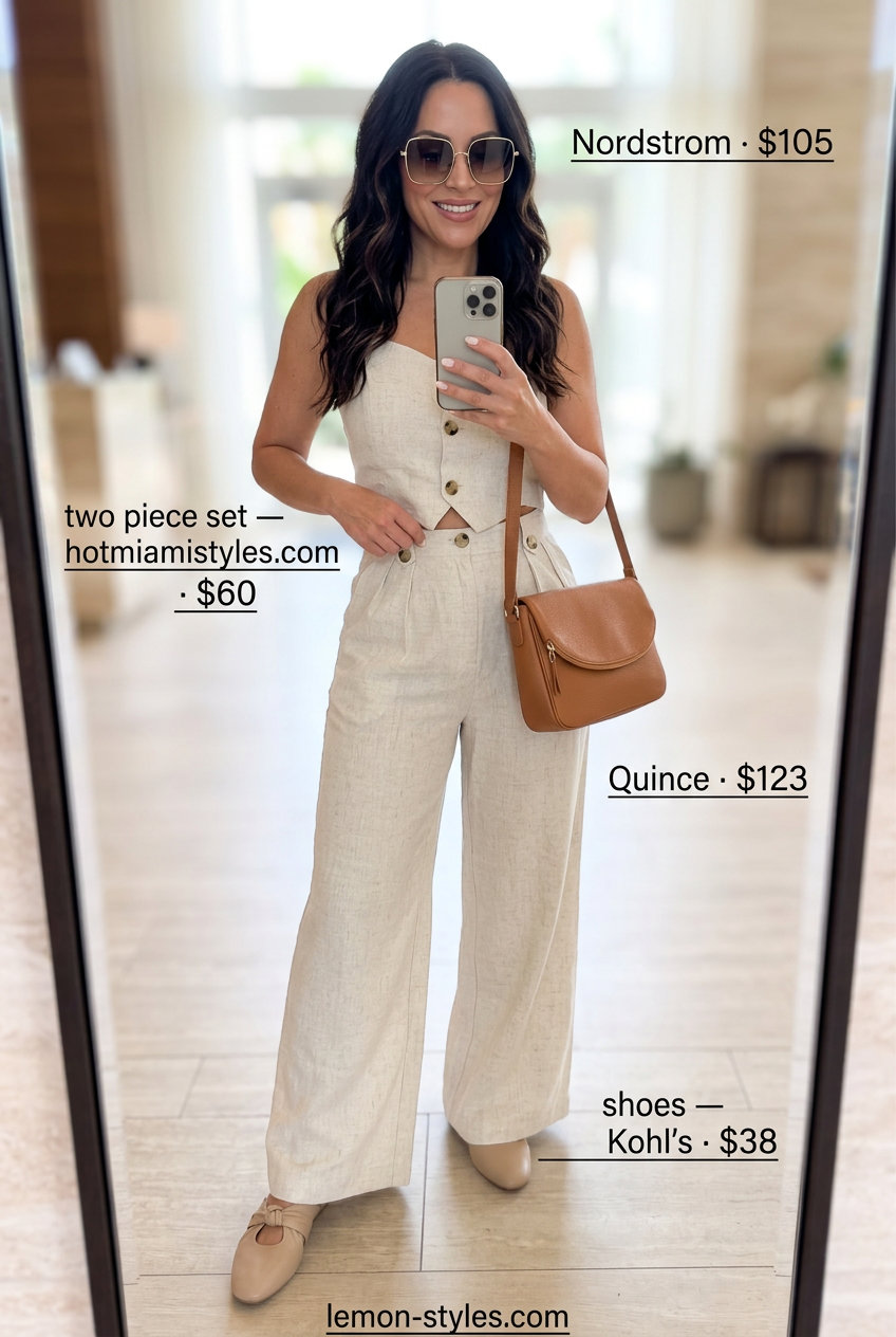 Easy summer road trip outfits for women 2026: Cream linen bandeau top and wide-leg pants set with mules and sunglasses.