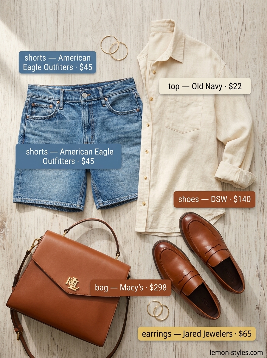 Easy summer road trip outfits for women 2026: Denim shorts, cream blouse, leather loafers, and shoulder bag for a classic look.