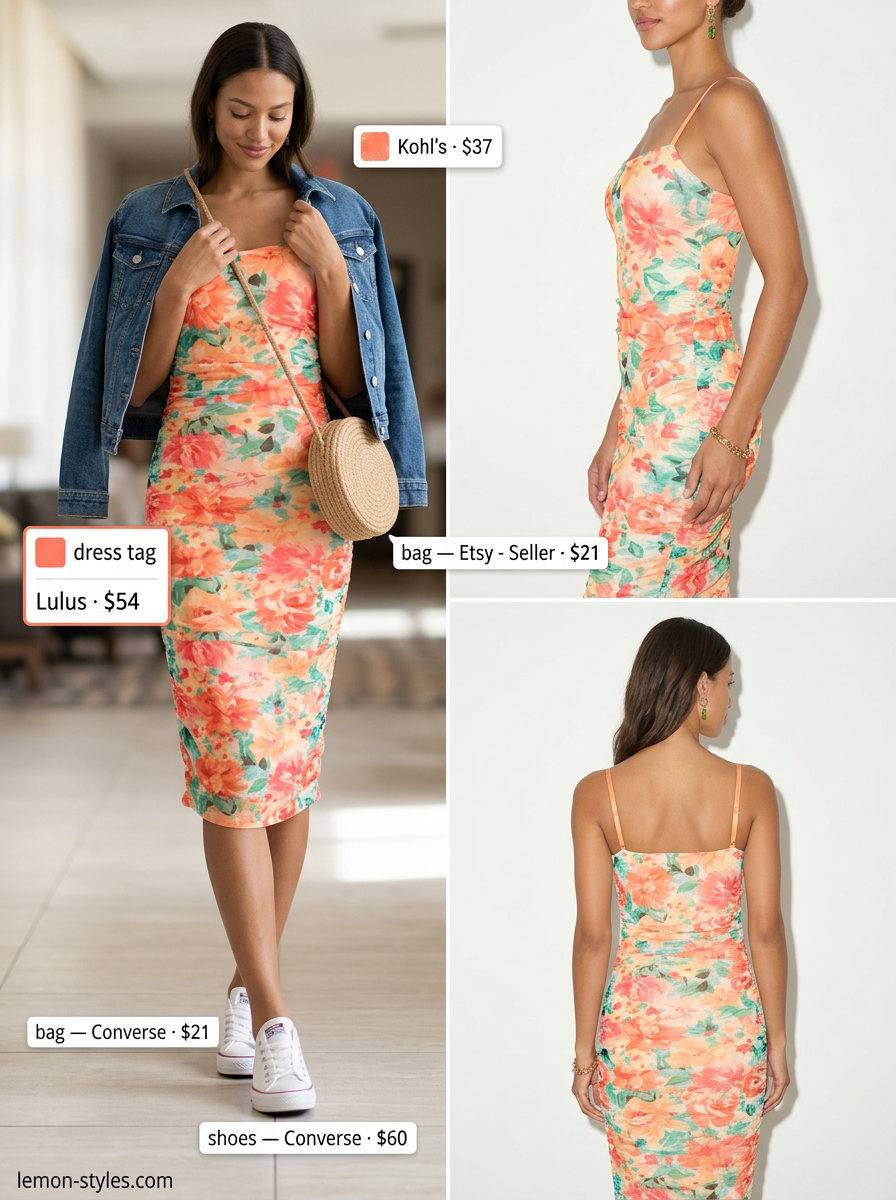 Easy summer road trip outfits for women 2026: Floral midi dress, denim jacket, canvas sneakers, and straw crossbody bag.