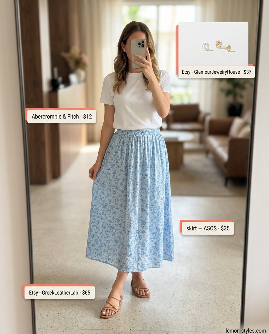 Easy summer road trip outfits for women 2026: Blue floral midi skirt, white tee, sandals, and crossbody bag for picnics.