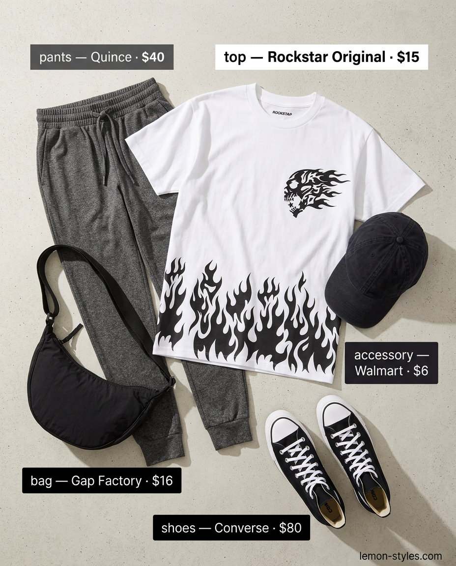 Easy summer road trip outfits for women 2026: Joggers, graphic tee, baseball cap, sneakers, and crossbody bag for comfort.