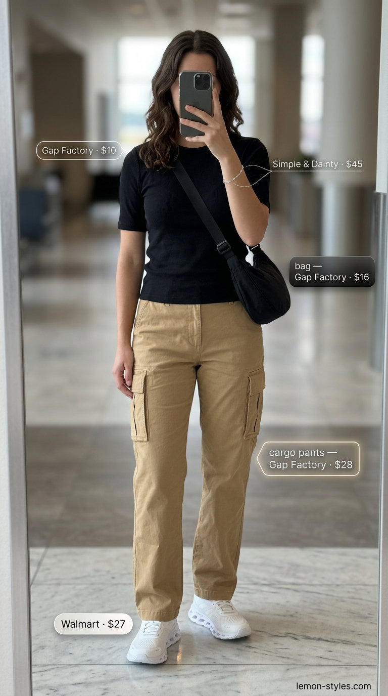 Easy summer road trip outfits for women 2026: Khaki cargo pants, black tee, sneakers, and crossbody bag for a functional look.