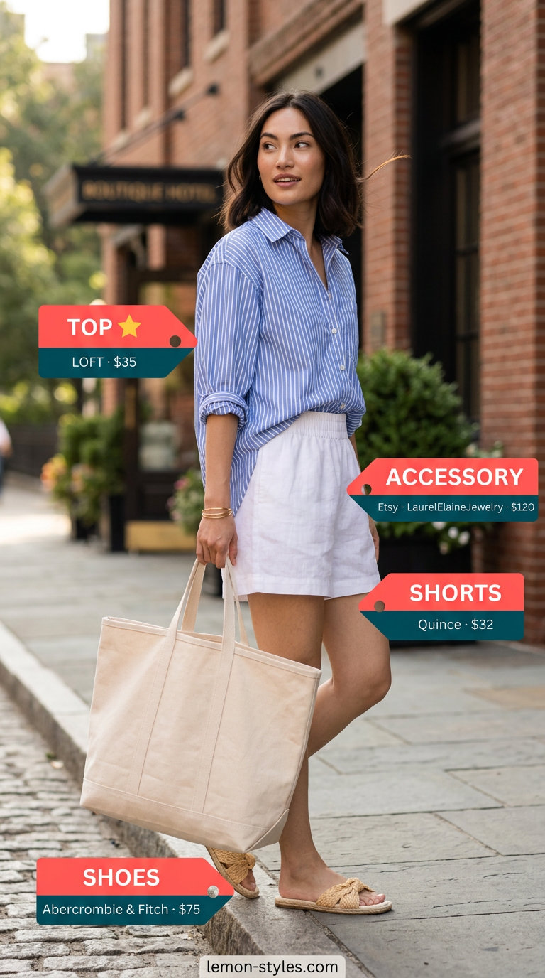 Easy summer road trip outfits for women 2026: Linen shorts, striped shirt, espadrilles, and tote for travel days.