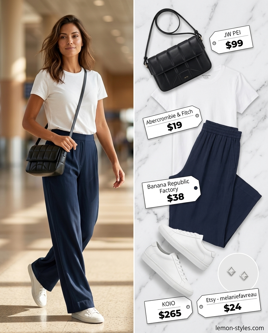 Easy summer road trip outfits for women 2026: Navy wide-leg trousers, white knit top, sneakers, and crossbody bag for city exploration.