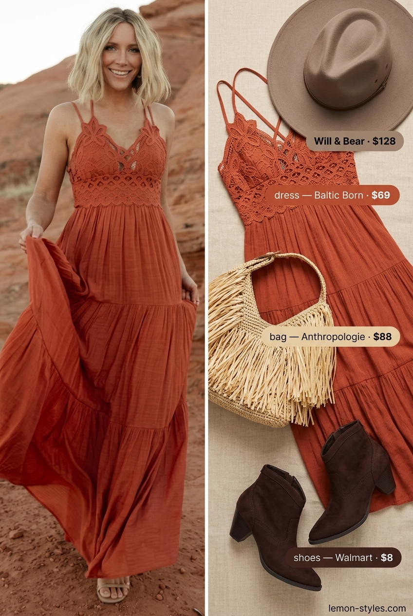 Easy summer road trip outfits for women 2026: Rust orange maxi dress, suede boots, felt hat, and fringe hobo bag for a boho look.