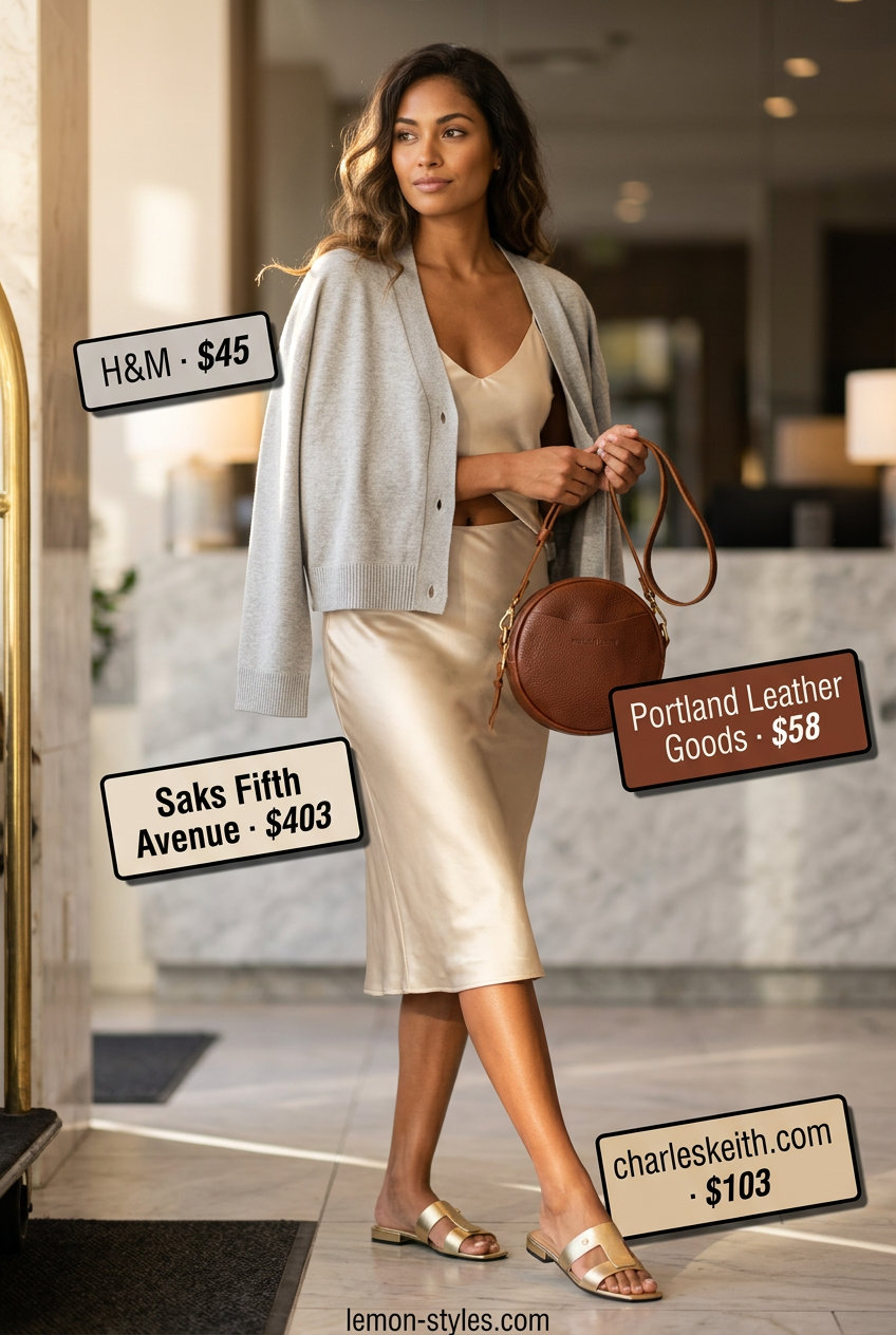 Easy summer road trip outfits for women 2026: Champagne slip dress, grey cardigan, leather sandals, and crossbody bag.