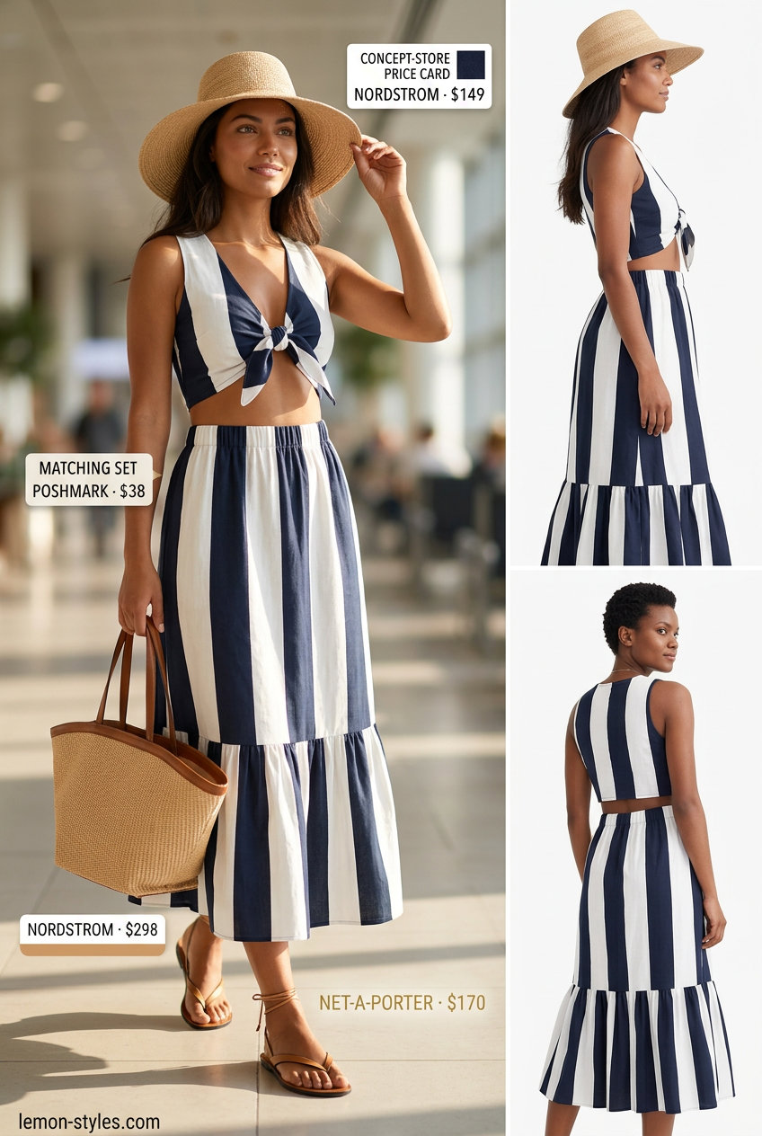 Easy summer road trip outfits for women 2026: Navy and white stripe knit tank and maxi skirt set with straw hat and tote.