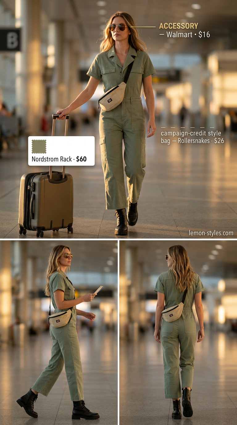 Easy summer road trip outfit for women 2026: Khaki green utility jumpsuit, combat boots, and aviator sunglasses for an edgy look.