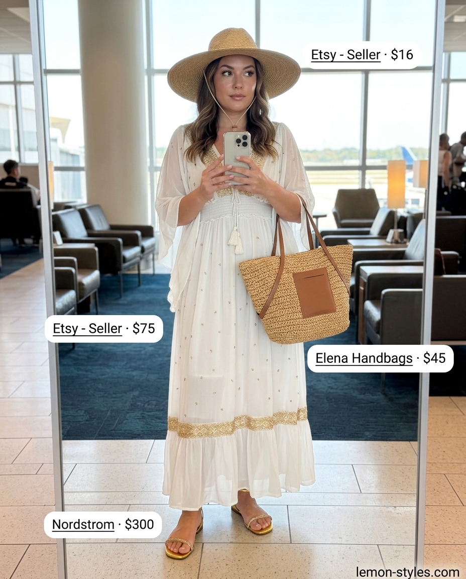 Easy summer road trip outfits for women 2026: White kaftan dress, gold sandals, straw hat, and tote for glamorous travel.
