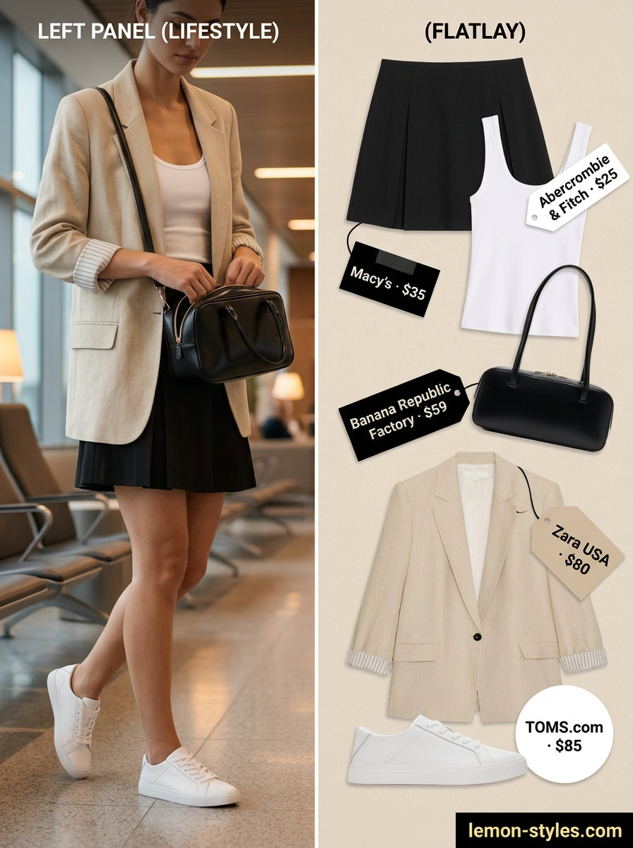Easy summer road trip outfits for women 2026: Black mini skirt, white top, oversized beige blazer, and white sneakers for a trendy look.