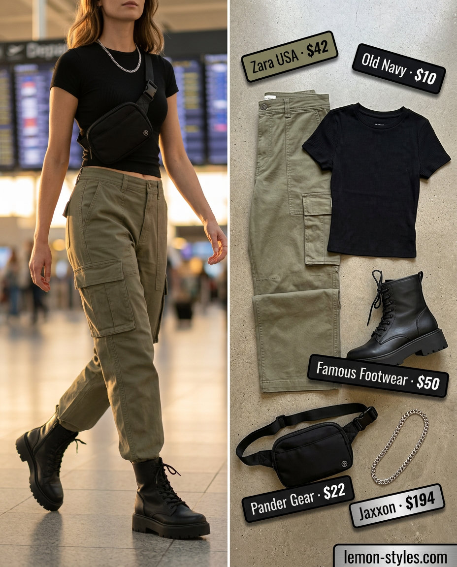 Easy summer road trip outfits for women 2026: Khaki cargo pants with a black tee, utility belt bag, and combat boots for exploration.