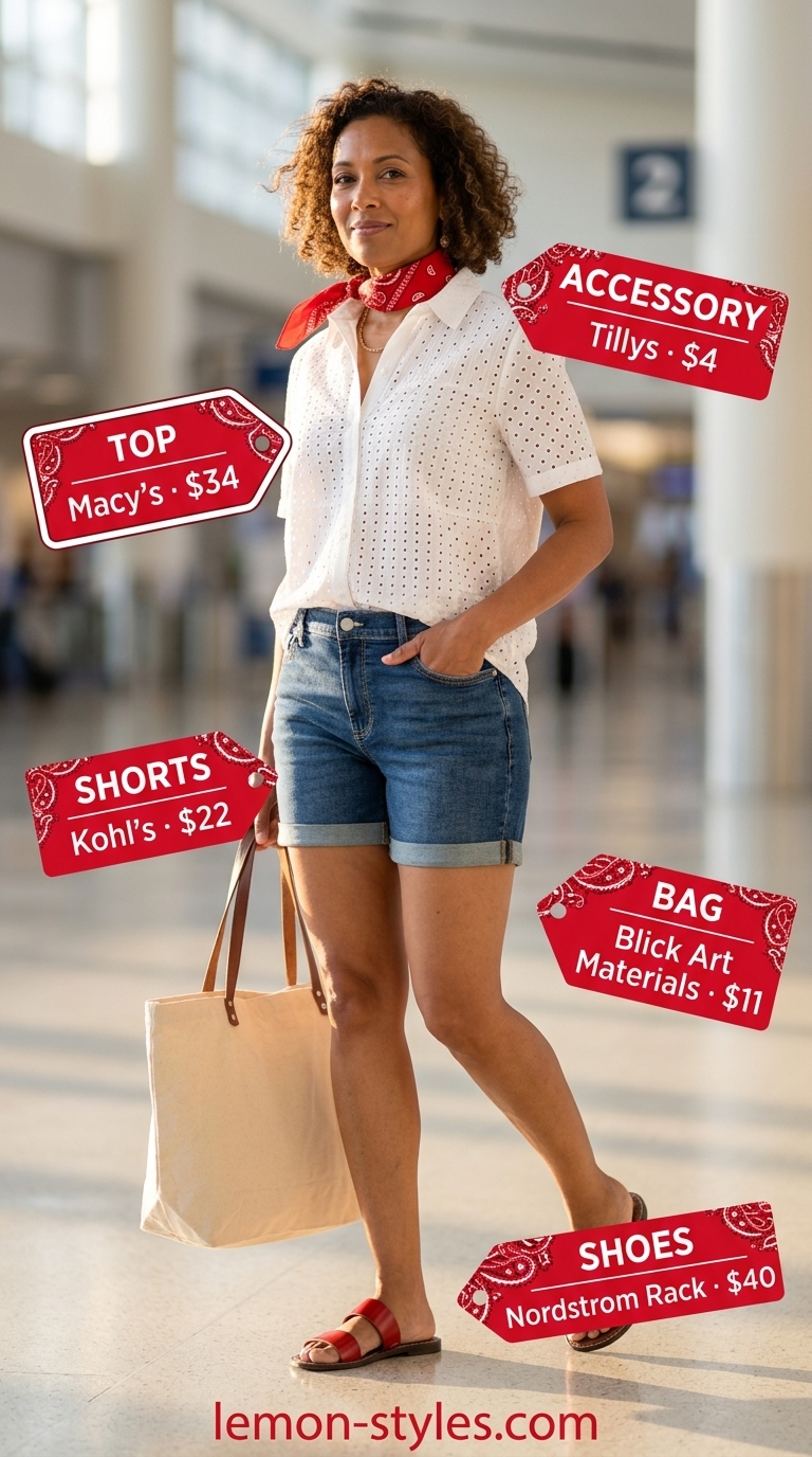 Easy summer road trip outfits for women 2026: Denim shorts with a white eyelet blouse, canvas tote, and red bandana for a casual look.
