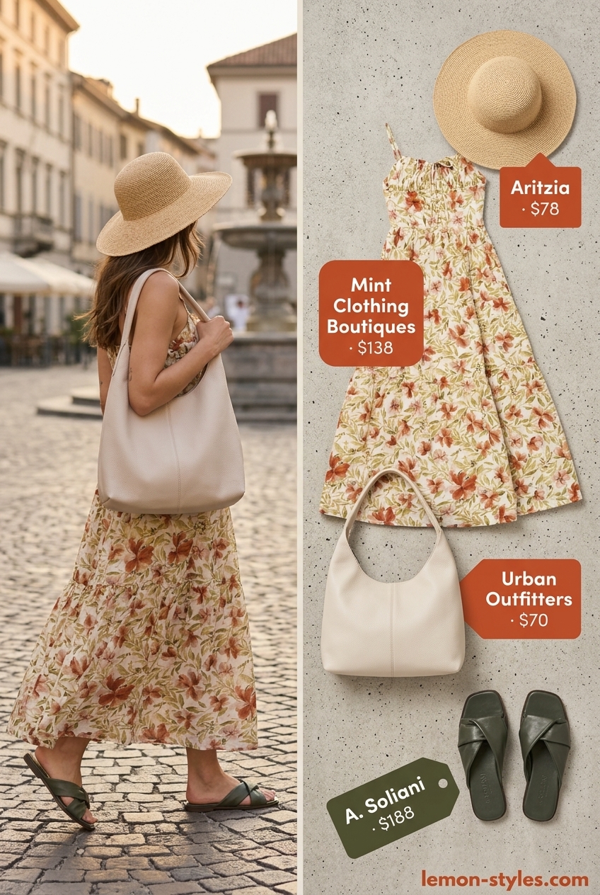 Easy summer road trip outfits for women 2026: Terracotta floral maxi dress with a straw hat, leather slides, and a slouchy hobo bag.