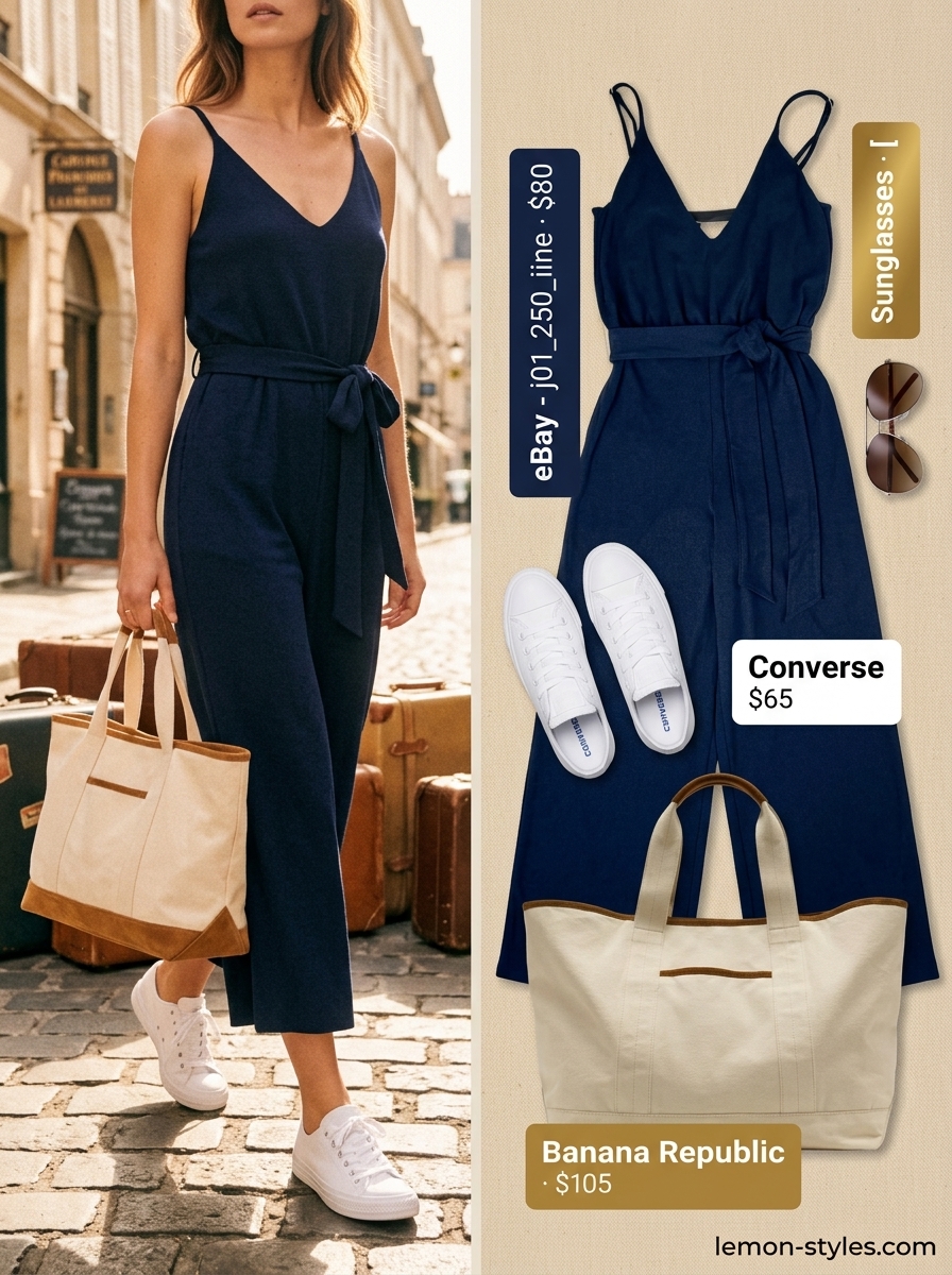 Easy summer road trip outfit for women 2026: Navy blue wide-leg jumpsuit with white sneakers and a canvas tote bag for travel.