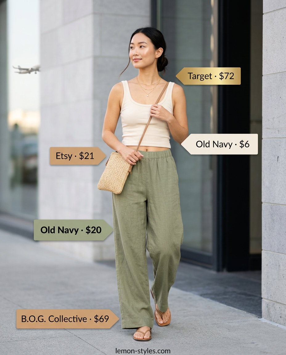 Easy summer road trip outfits for women 2026: Sage green linen pants with a cream tank top, straw bag, and flat sandals for coastal vibes.