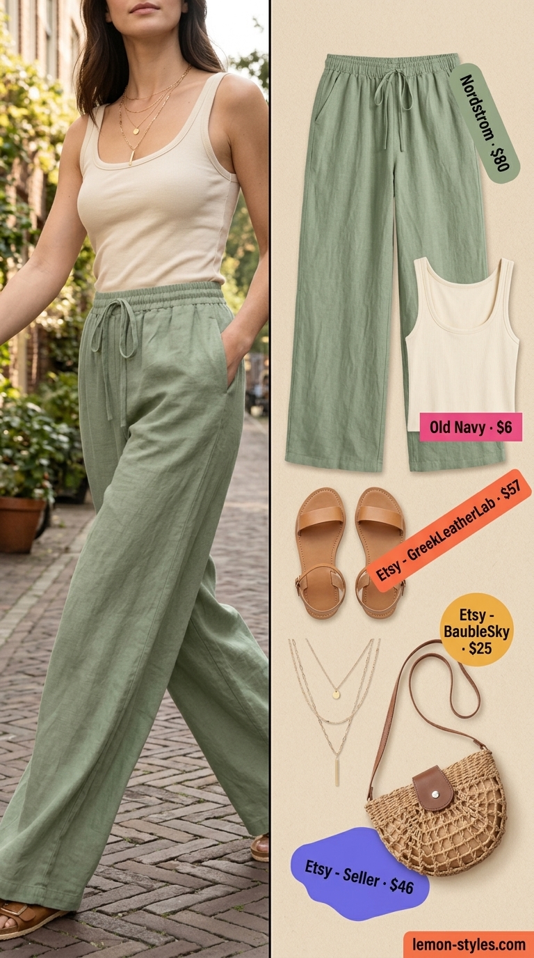 Easy summer road trip outfits for women 2026: Sage green linen pants, cream tank, straw bag, and leather sandals for a relaxed look.
