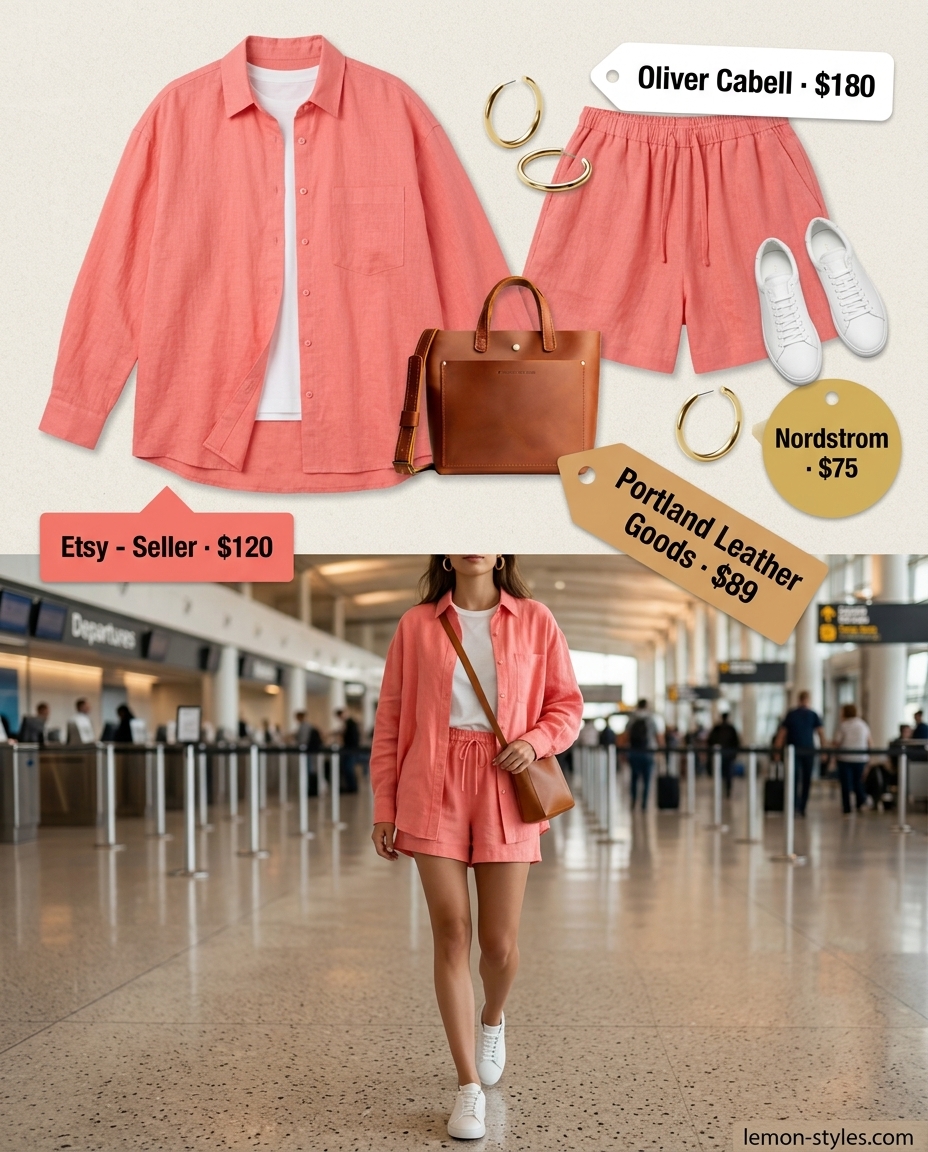 Easy summer road trip outfits for women 2026: Coral pink linen shorts set with white sneakers and gold hoop earrings for city exploration.