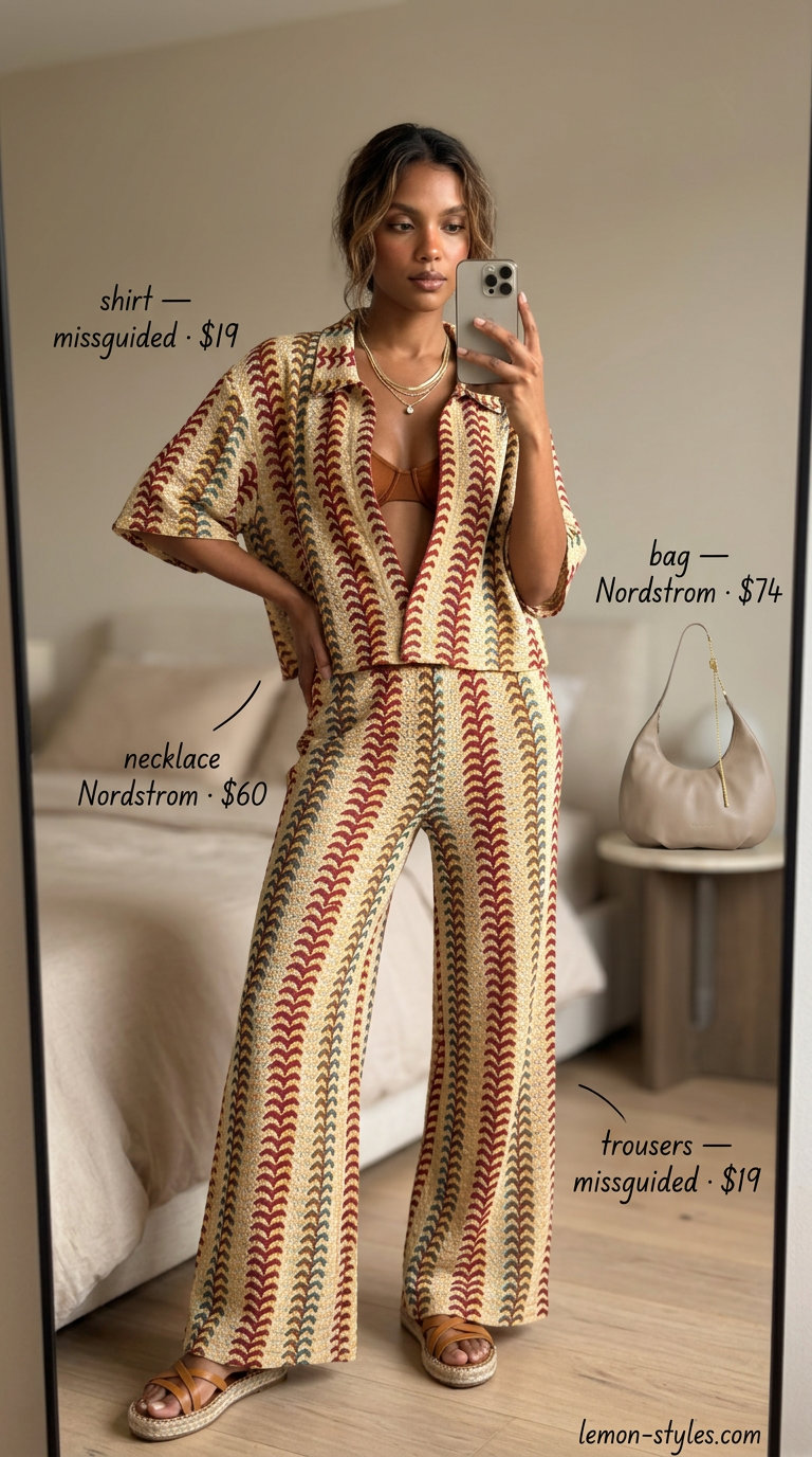 Effortless summer outfits for women over 30 2026: Navy, white, beige abstract print co-ord set with espadrilles.