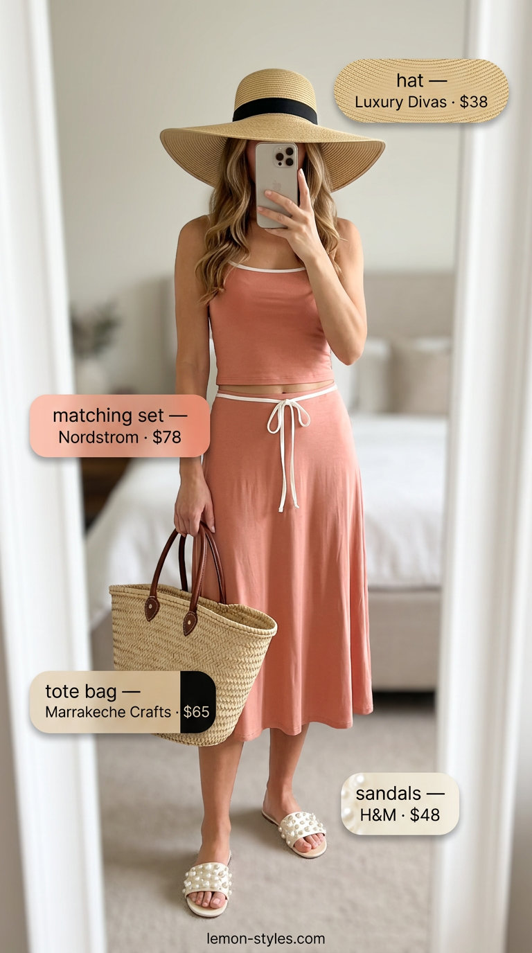 Effortless summer outfits for women over 30 2026: Coral linen skirt set with straw hat and woven tote.