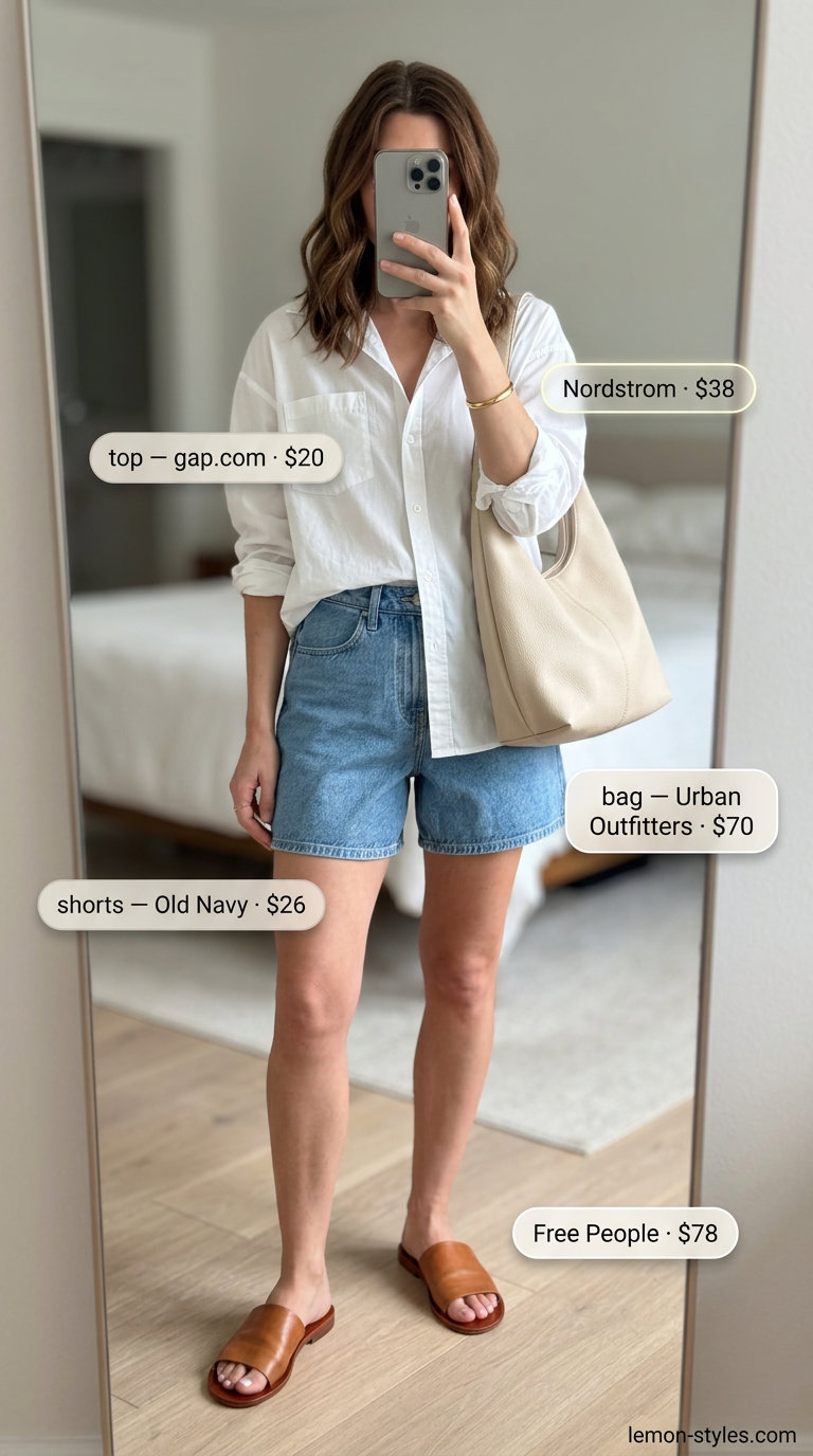 Effortless summer outfits for women over 30 2026: Denim shorts, white shirt, tan slides, and crossbody bag.