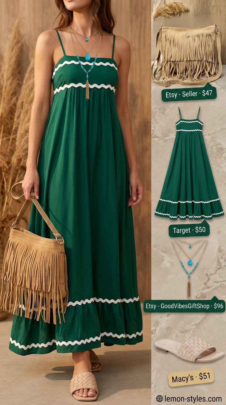 Effortless summer outfits for women over 30 2026: Emerald green maxi dress with fringe bag and leather slides.