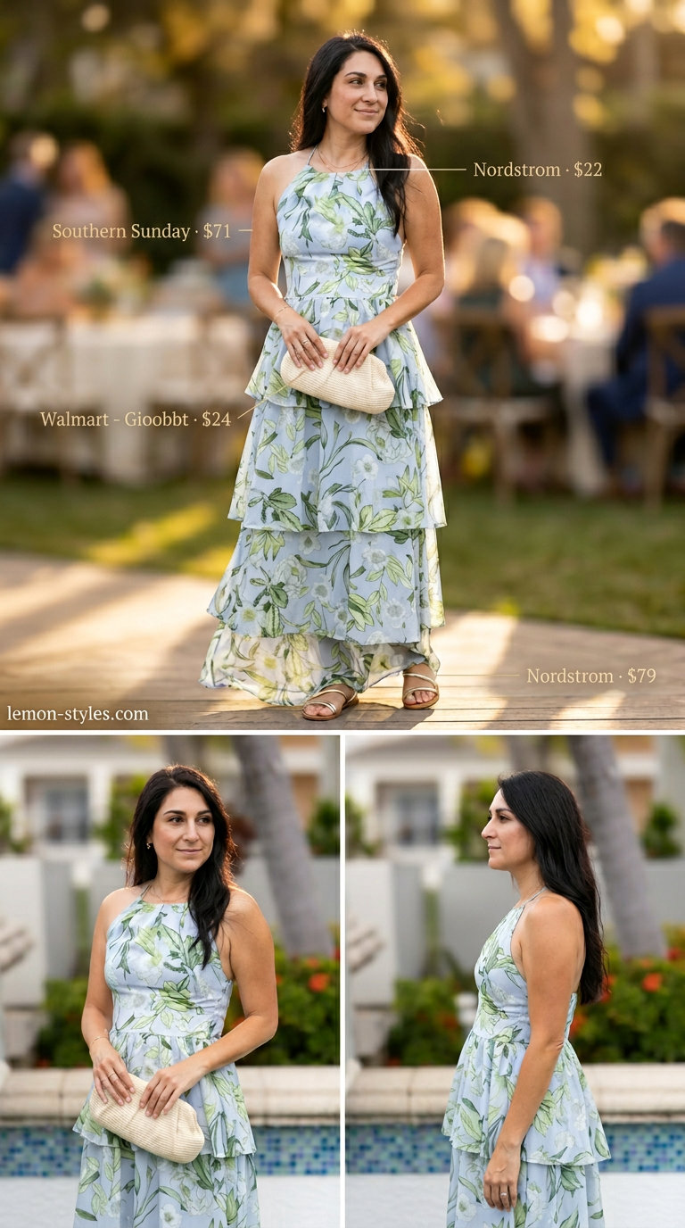 Effortless summer outfits for women over 30 2026: Soft blue floral maxi dress with metallic sandals and clutch.