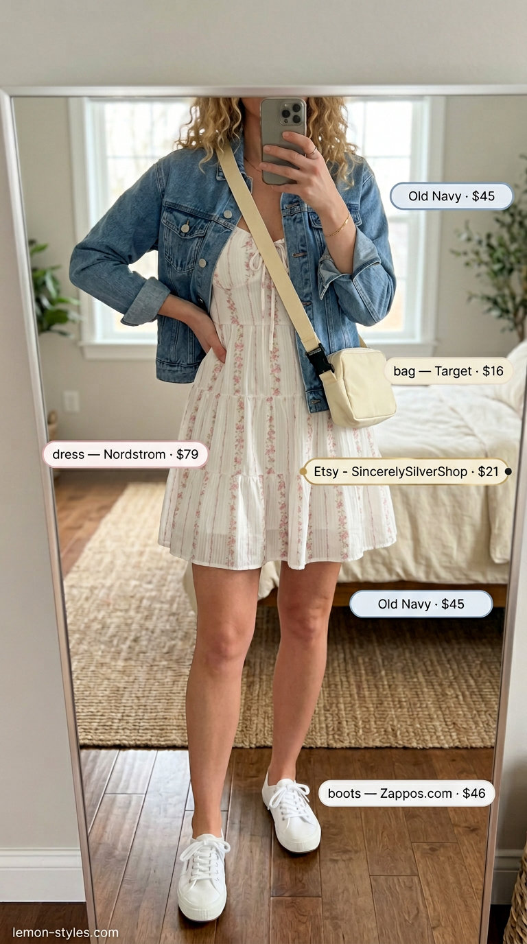 Effortless summer outfits for women over 30 2026: Pastel floral mini dress with denim jacket and sneakers.