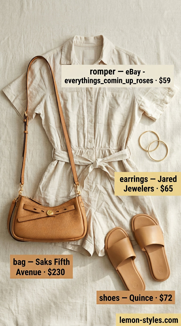 Effortless summer outfits for women over 30 2026: Cream linen romper with tan slides and gold hoop earrings.