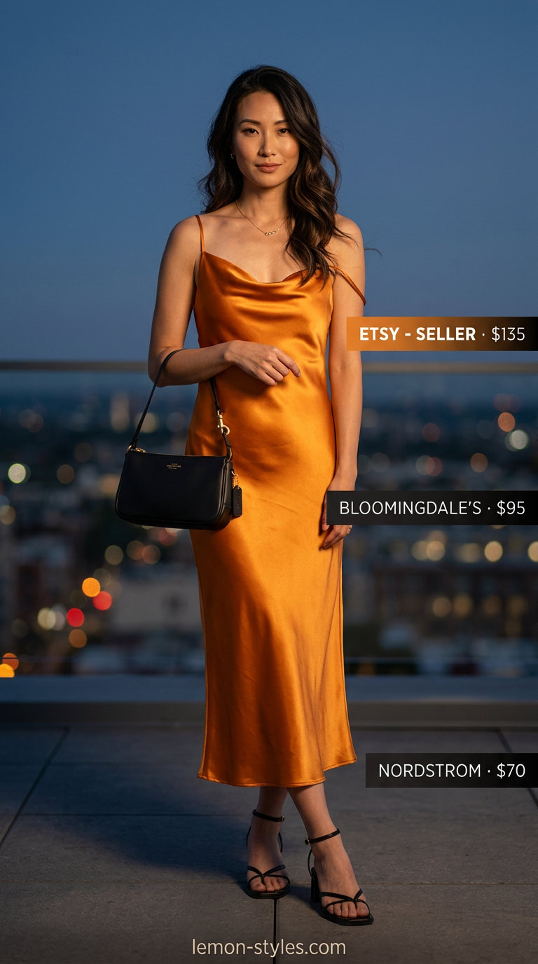 Effortless summer outfits for women over 30 2026: Mango orange satin slip dress with black heels and clutch.