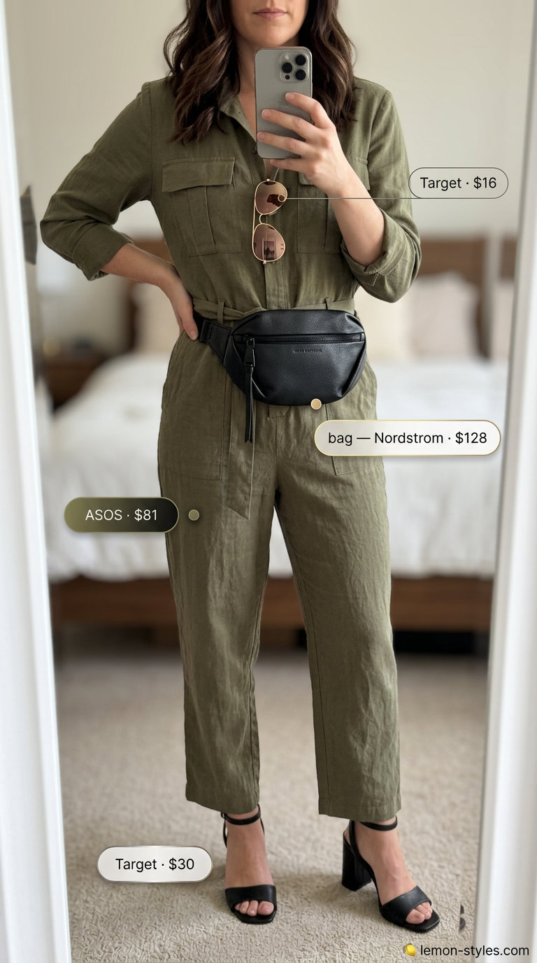 Effortless summer outfits for women over 30 2026: Olive green utility jumpsuit with black sandals and belt bag.