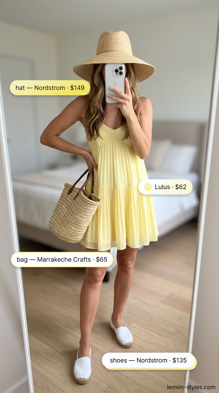 Effortless summer outfits for women over 30 2026: Lemon yellow smocked sundress with straw hat and tote.