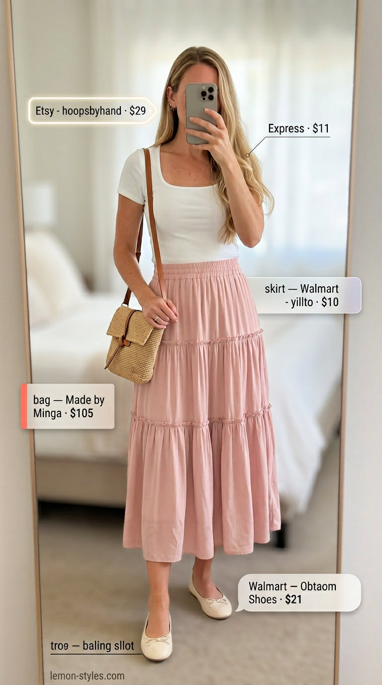 Effortless summer outfits for women over 30 2026: Blush pink midi skirt with white crop top and ballet flats.