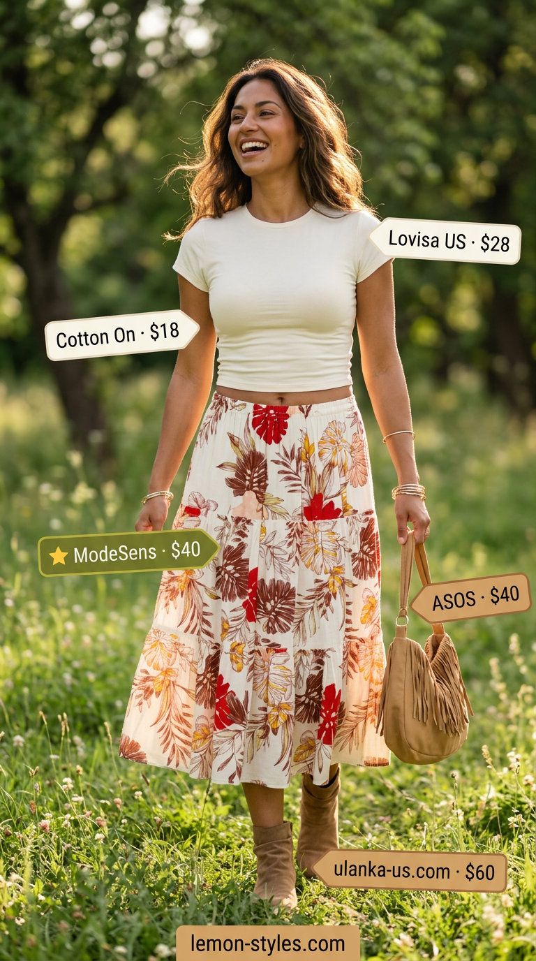 Effortless summer outfits for women over 30 2026: Boho floral skirt, white crop top, suede boots, fringe bag, gold bangles.