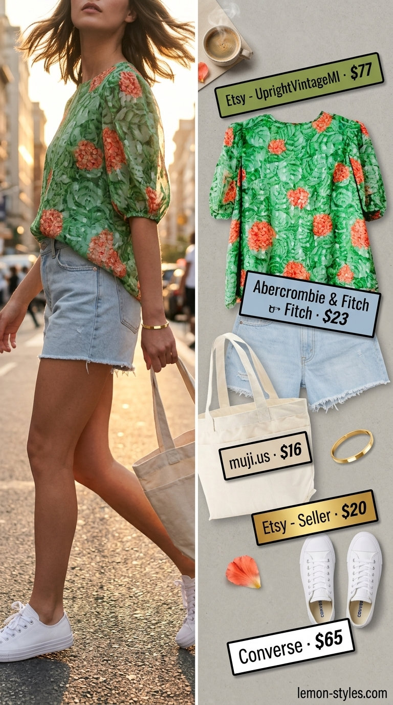 Effortless summer outfits for women over 30 2026: Denim shorts, floral blouse, white sneakers, canvas tote, gold bangle.