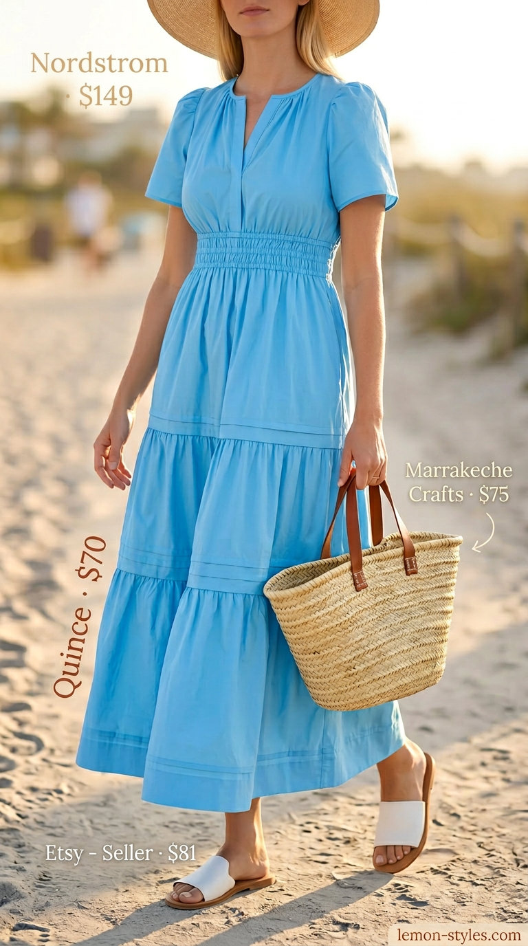 Effortless summer outfits for women over 30 2026: Sky blue linen maxi dress, white slides, straw hat, large straw tote.
