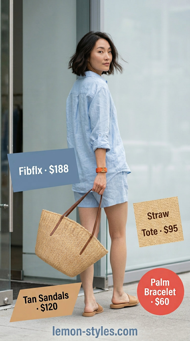 Effortless summer outfits for women over 30 2026: Dusty blue linen shorts set with straw tote and leather slides.