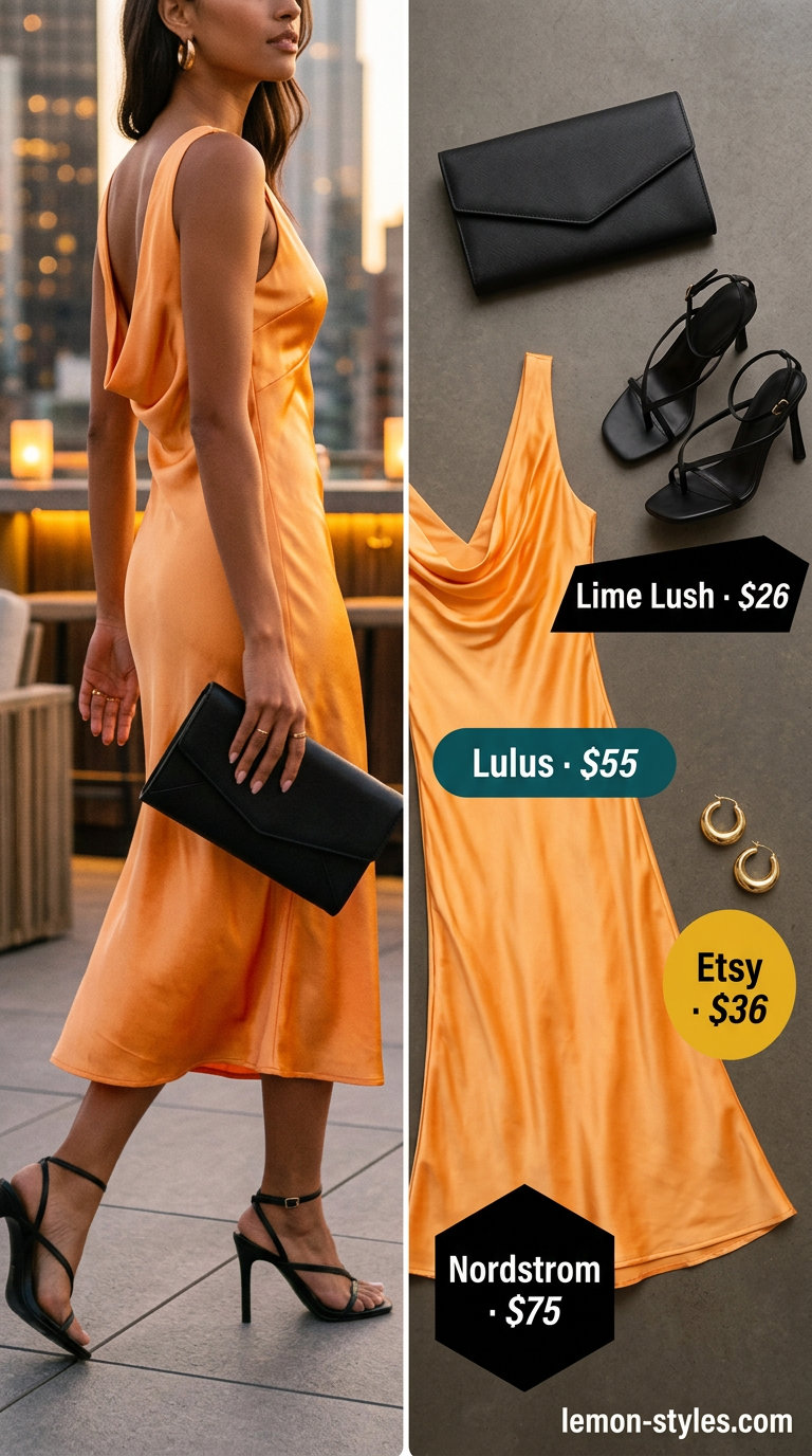 Effortless summer outfits for women over 30 2026: Mango orange slip dress with black heels and gold earrings.