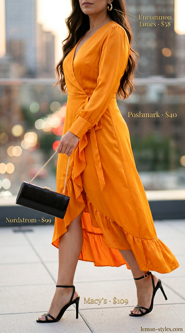 Effortless summer outfits for women over 30 2026: Mango wrap dress, black heels, gold hoops, and clutch for evening.