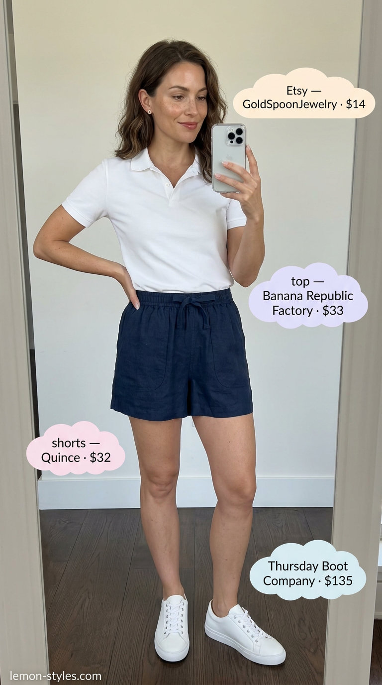 Effortless summer outfits for women over 30 2026: Navy linen shorts with white polo shirt and leather sneakers.