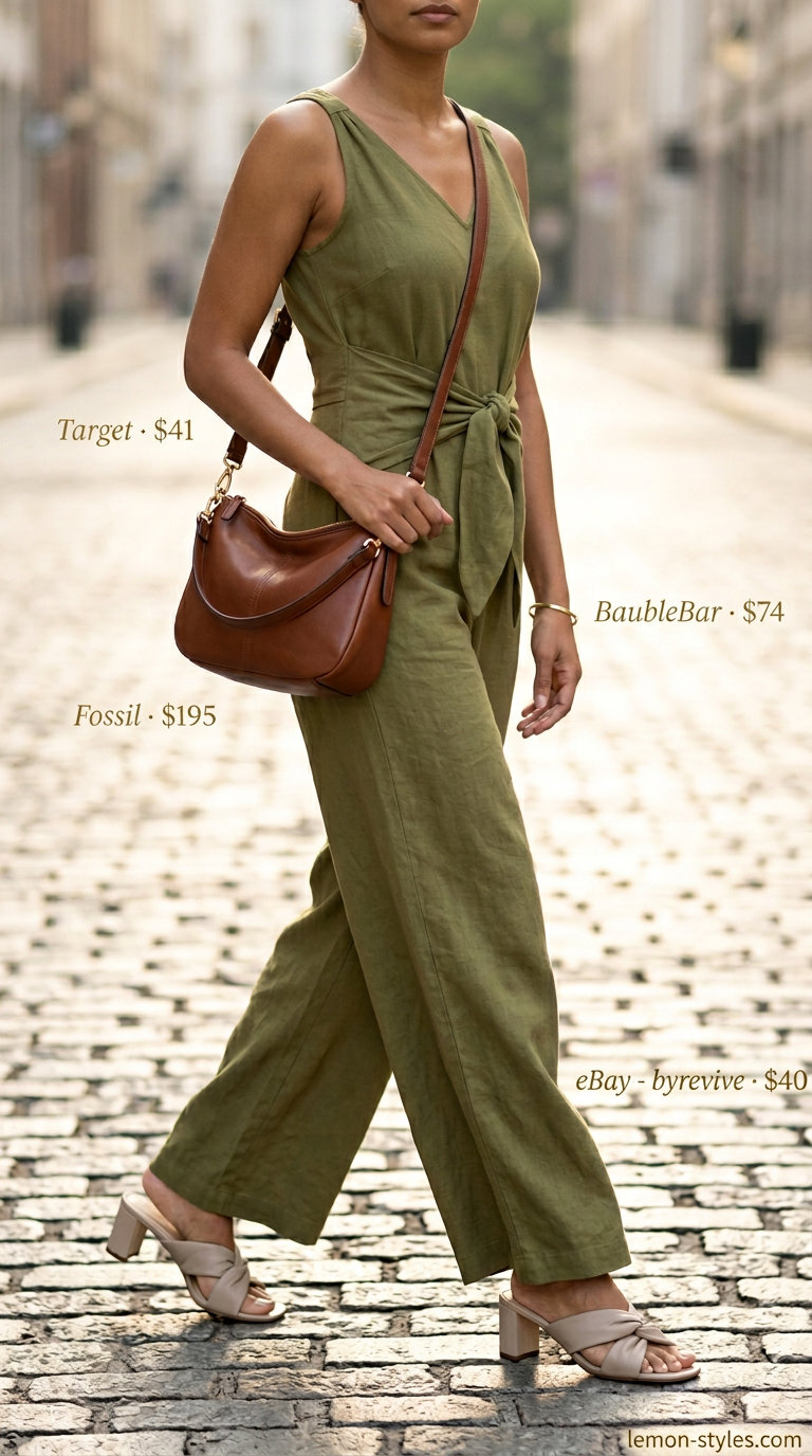 Effortless summer outfits for women over 30 2026: Olive green linen jumpsuit with block heel mules and crossbody bag.