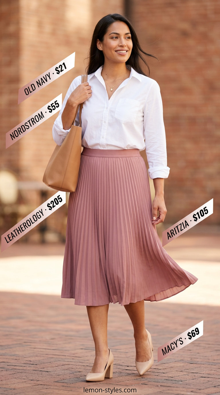 Effortless summer outfits for women over 30 2026: Blush pleated skirt, white shirt, tan tote, gold necklace, nude pumps.
