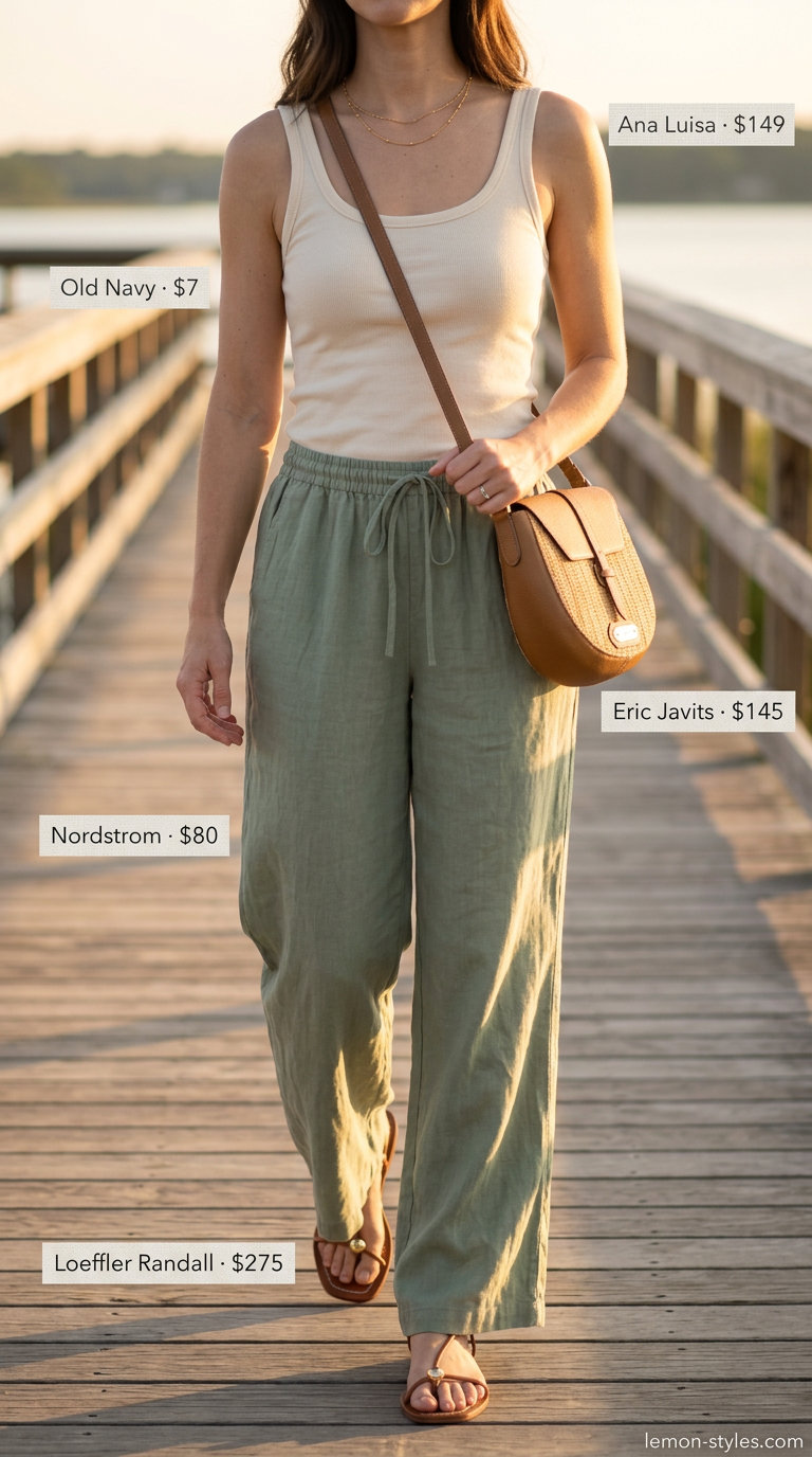 Effortless summer outfits for women over 30 2026: Sage linen pants, cream tank, tan sandals, straw bag, gold necklace.