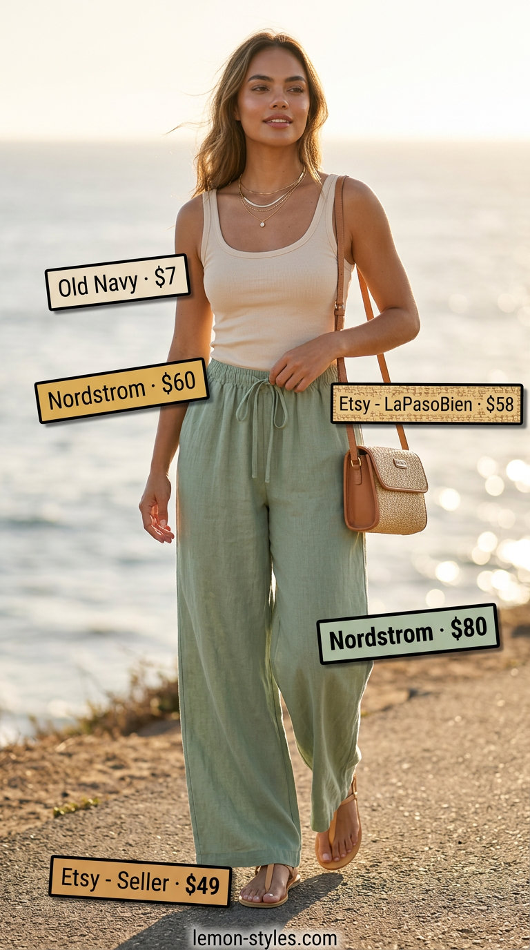 Effortless summer outfits for women over 30 2026: Sage linen pants, cream tank, tan sandals, straw bag, gold necklace.