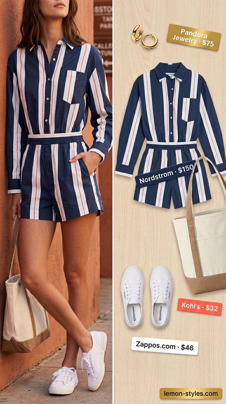 Effortless summer outfits for women over 30 2026: Navy stripe romper, white sneakers, canvas tote, gold hoops.