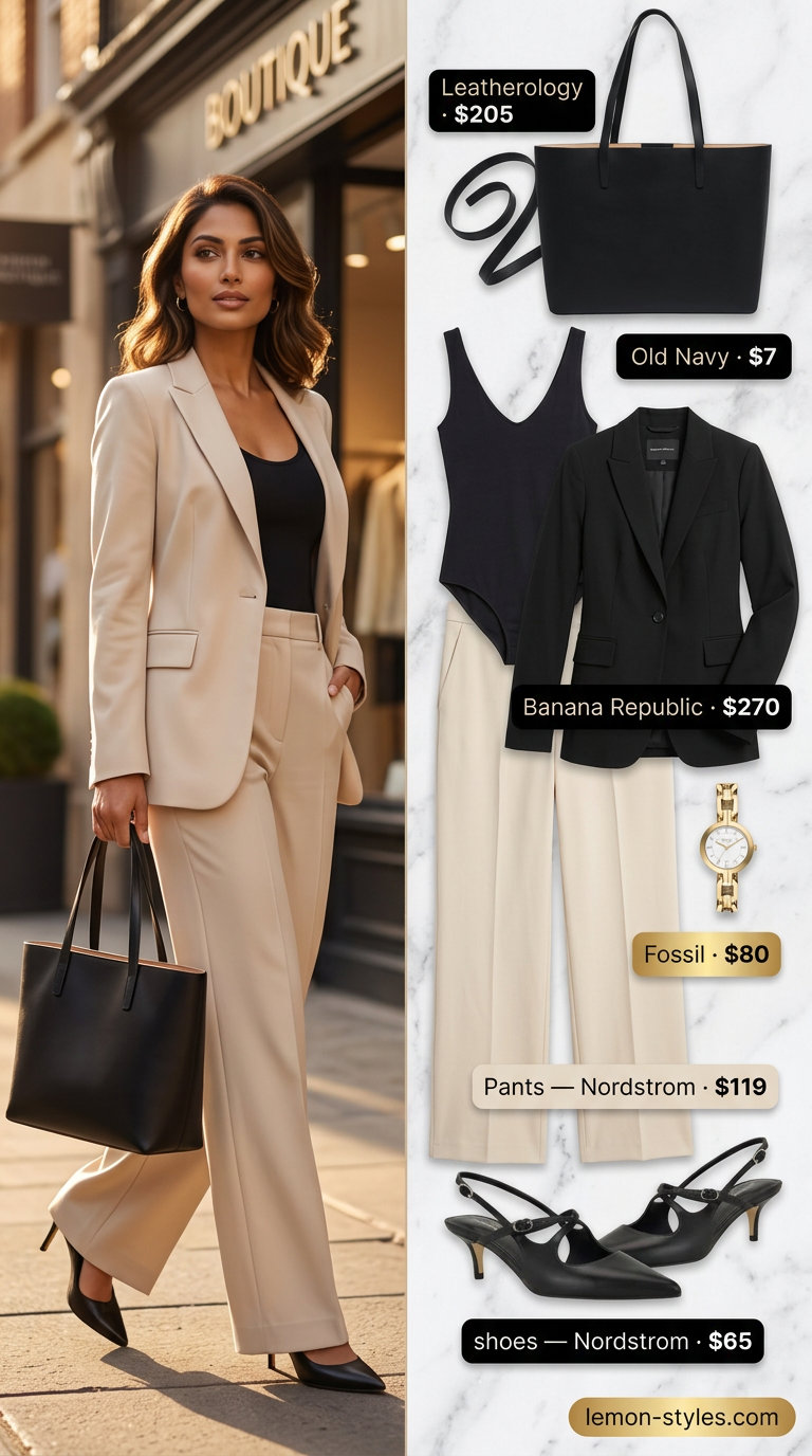 Effortless summer outfits for women over 30 2026: Taupe wide-leg trousers with black blazer and slingback heels.
