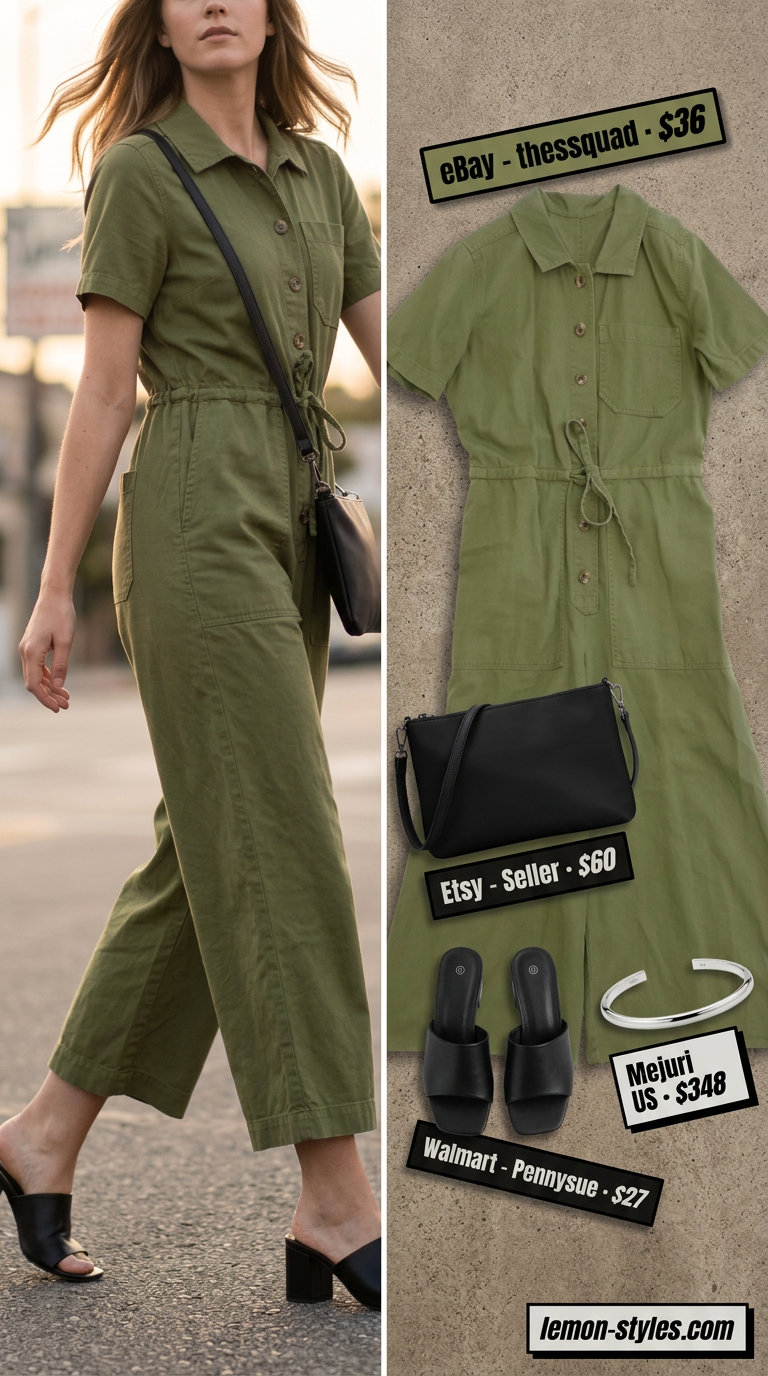 Effortless summer outfits for women over 30 2026: Olive utility jumpsuit, black mules, crossbody bag, and silver bracelet.